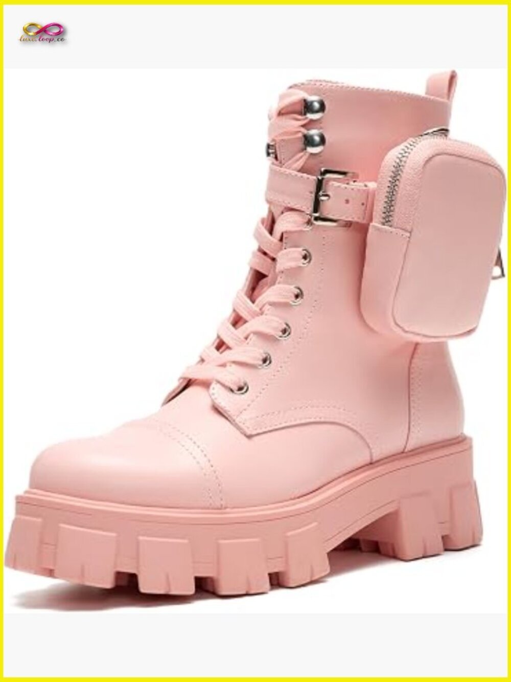 Women's Platform Combat Boots Lace Up Chunky Ankle Booties with Zippered Pouch
